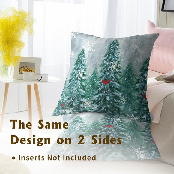 Winter Forest Throw Pillow Covers 18x18 Set of 2, Nature Pine Trees Birds Snow - Picture 3 of 4